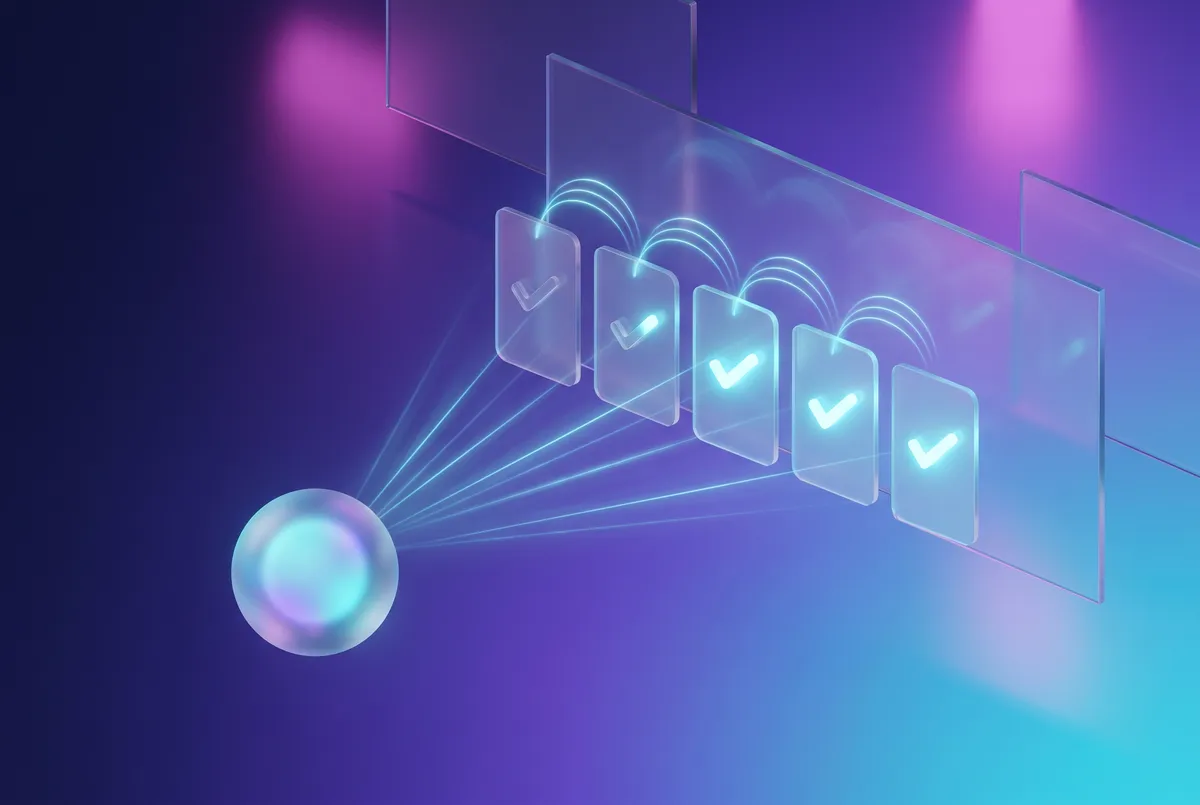 Illustration of an AI orb delegating tasks to glowing cards that complete themselves
