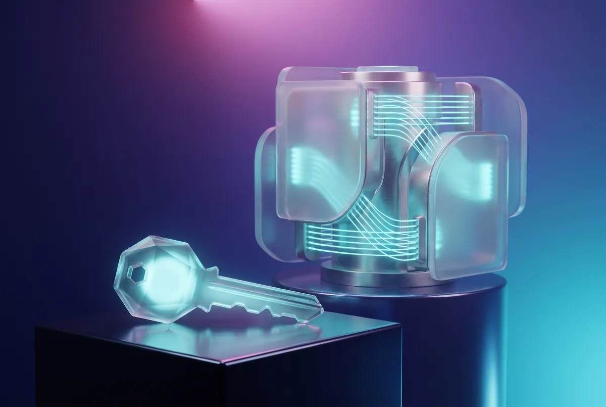 Illustration of a glass key on a pedestal in front of a glowing finished machine