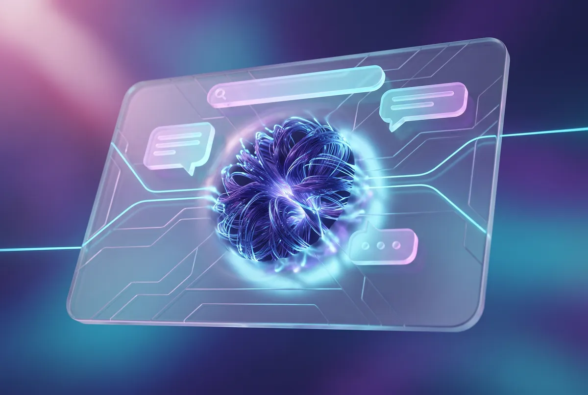 Illustration of a glowing neural core embedded in a product interface