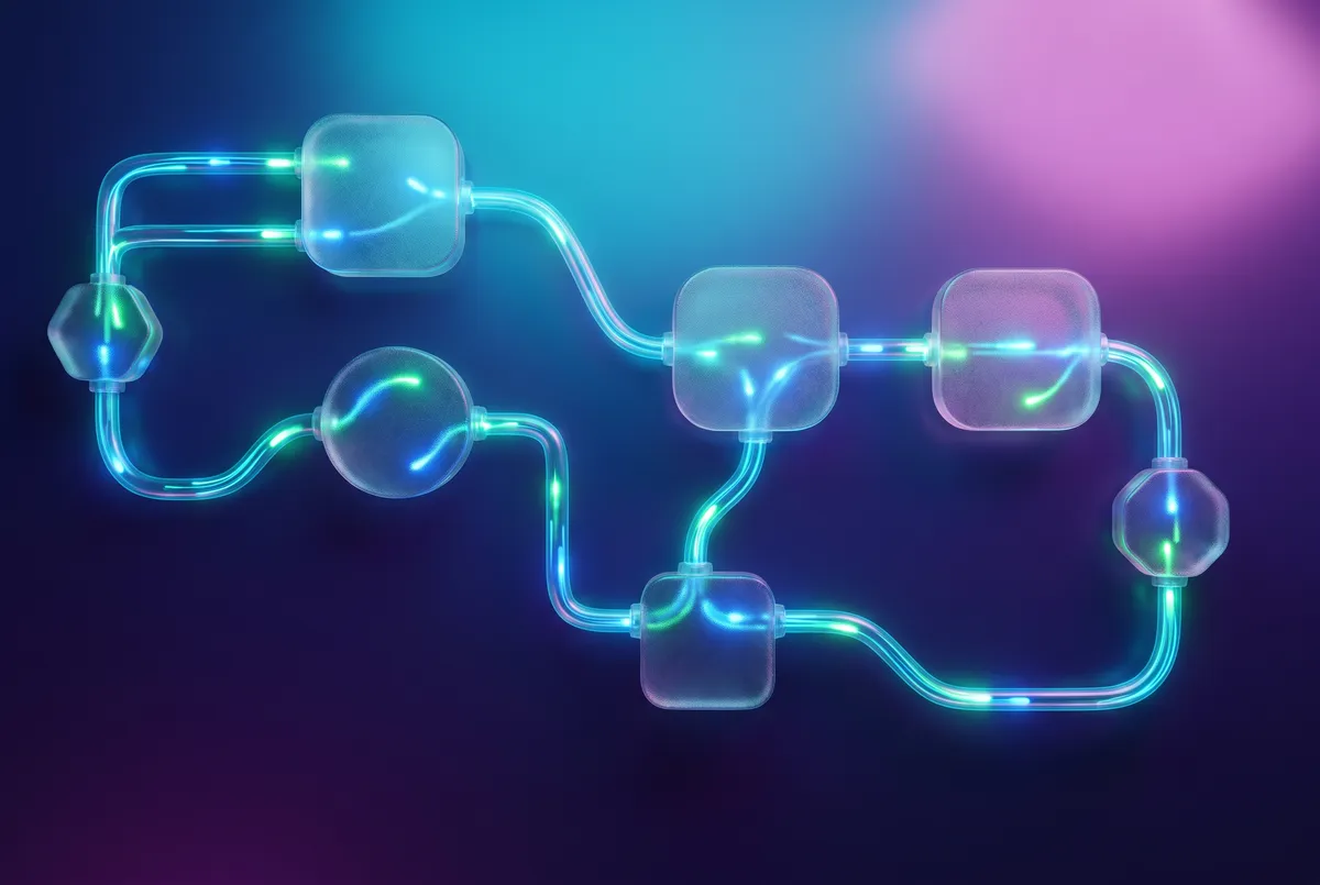 Illustration of app tiles wired together into one glowing pipeline